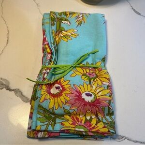 April Cornell WILDFLOWERS Napkins Aqua / Pink Set of 4 100% Cotton NWT